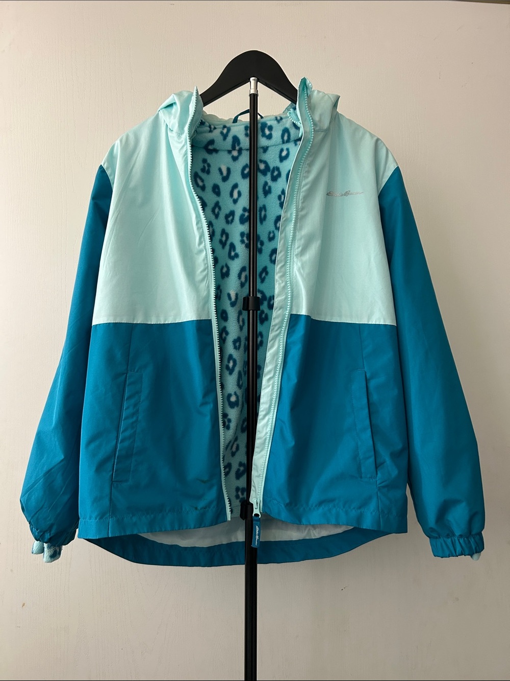 Eddie Bauer Teal and Light Teal Colorblock Kids Raincoat with Leopard Fleece